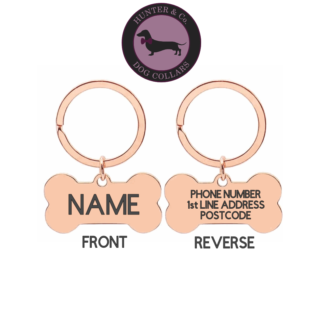Bone Rose Gold Dog ID Tag | Premium Thick Engraved Steel | 4cm Dog Identification Tags Hunter & Co.
