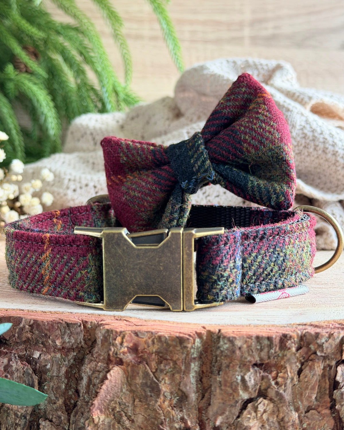 Harris Tweed® Autumn Brown Dog Collar Bow & Lead Set Dash Of Hounds