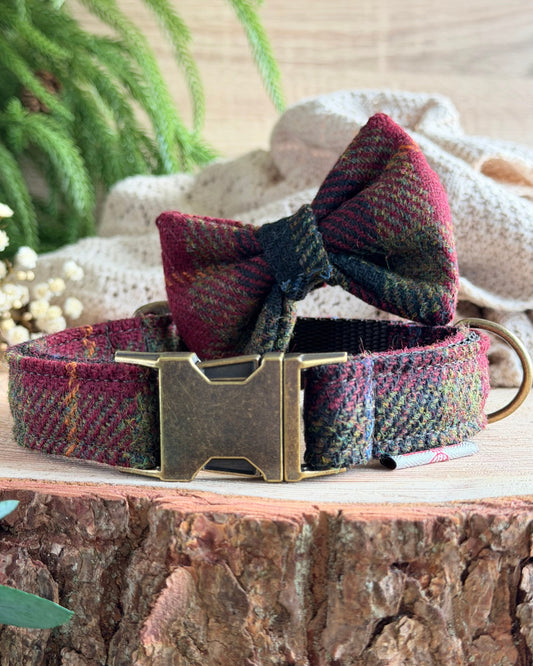 Harris Tweed® Autumn Brown Dog Collar Bow & Lead Set Dash Of Hounds