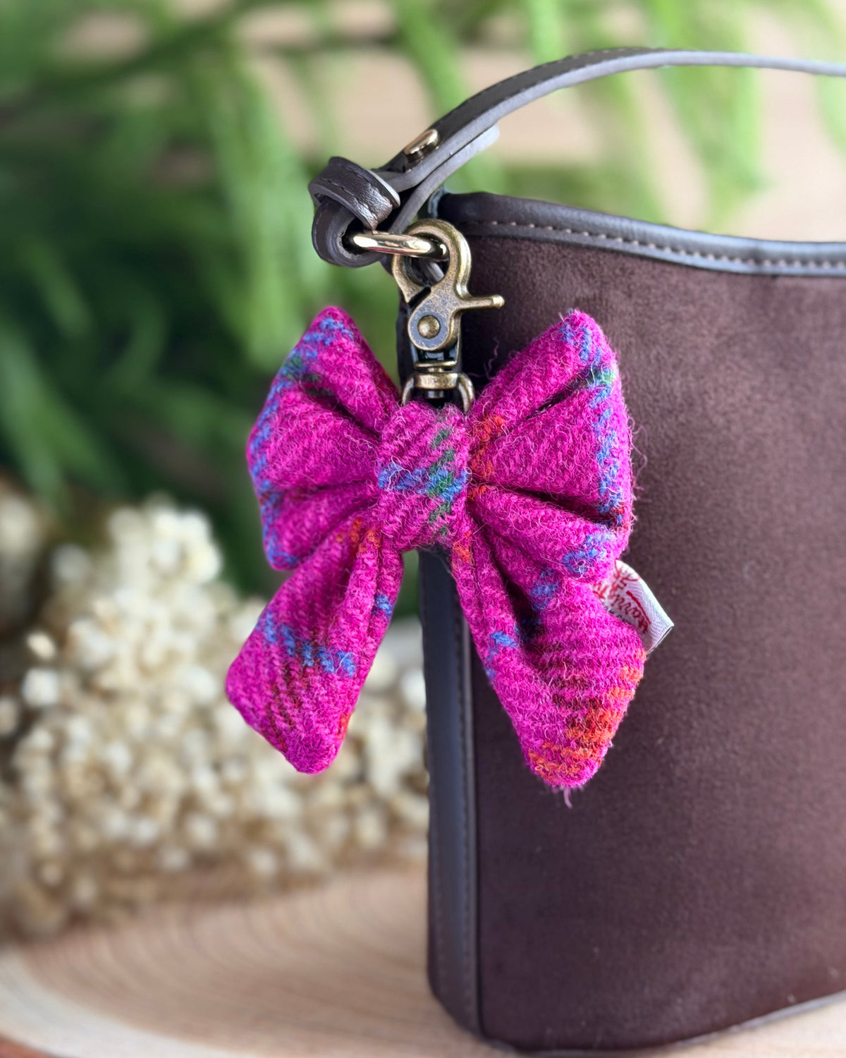 Harris Tweed® Bow Keyring | Bag Charm | Cerise Pink Dash Of Hounds