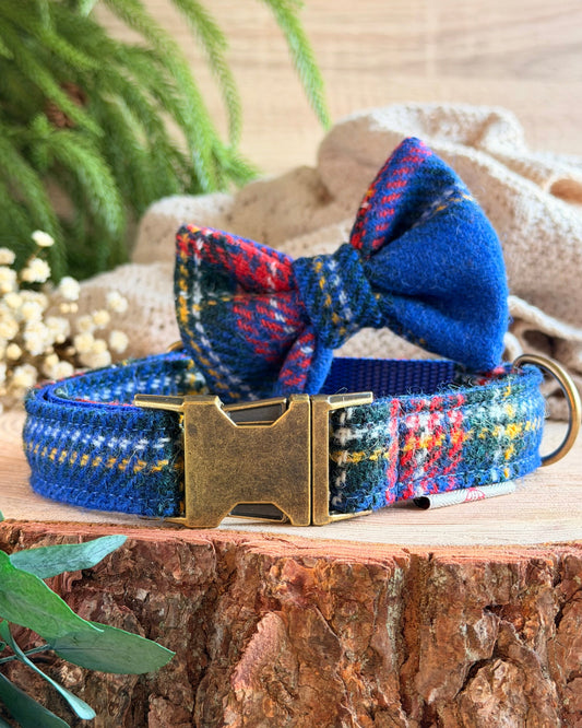 Harris Tweed® Royal Blue Tartan Check Tweed Dog Collar Bow & Lead Set Dash Of Hounds