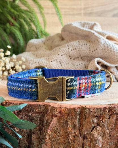 Harris Tweed® Royal Blue Tartan Check Tweed Dog Collar Bow & Lead Set Dash Of Hounds