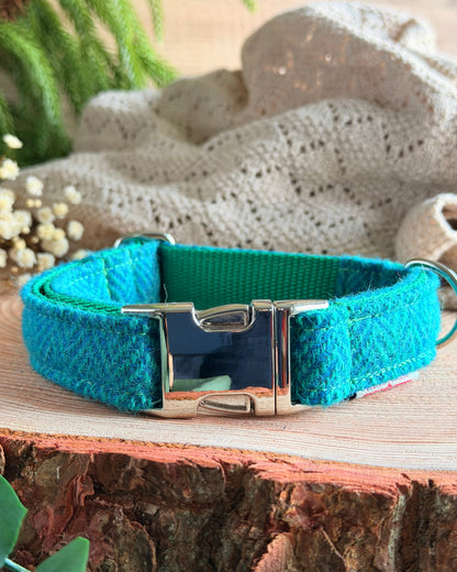 Harris Tweed® Tropical Peacock Blue Turquoise Dog Collar Bow & Lead Set (Copy) Dash Of Hounds