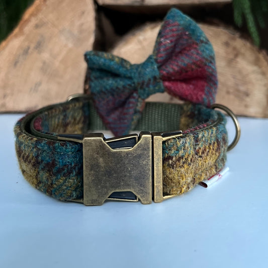 Harris Tweed® Autumn Highland Teal Dog Collar Bow & Lead Set