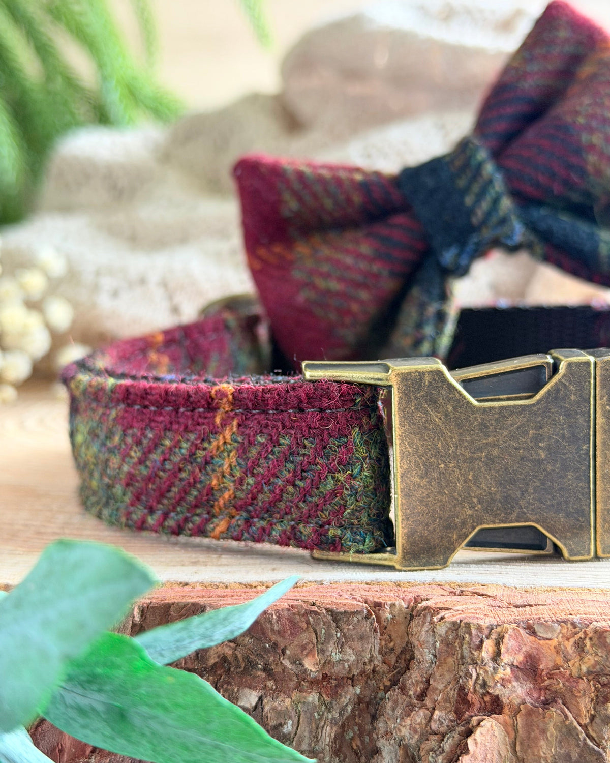 Harris Tweed® Autumn Brown Dog Collar Bow & Lead Set Dash Of Hounds