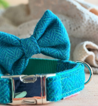 Harris Tweed® Peacock Blue Turquoise Herringbone Dog Collar Bow & Lead Set Dash Of Hounds