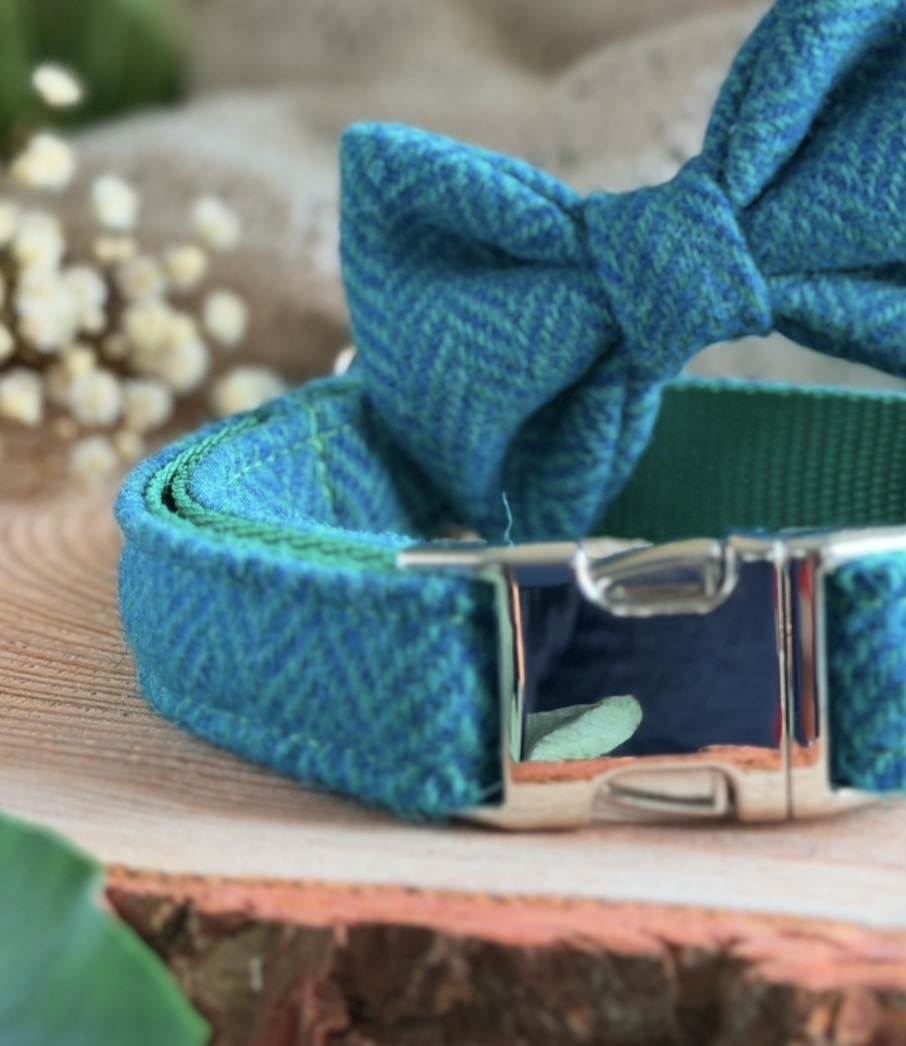 Harris Tweed® Peacock Blue Turquoise Herringbone Dog Collar Bow & Lead Set Dash Of Hounds