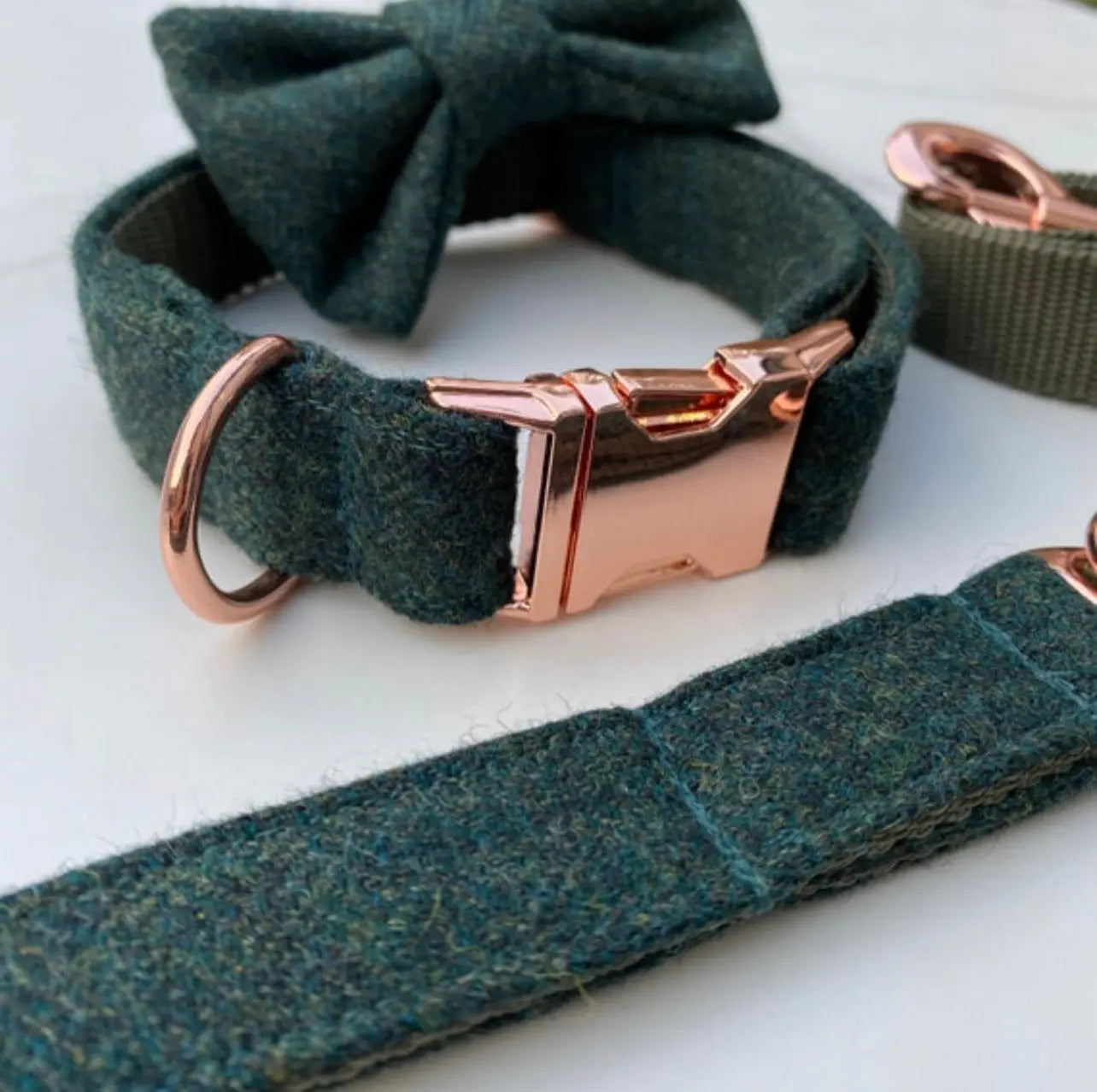 Teal Green Tweed Dog Collar Bow & Lead Set