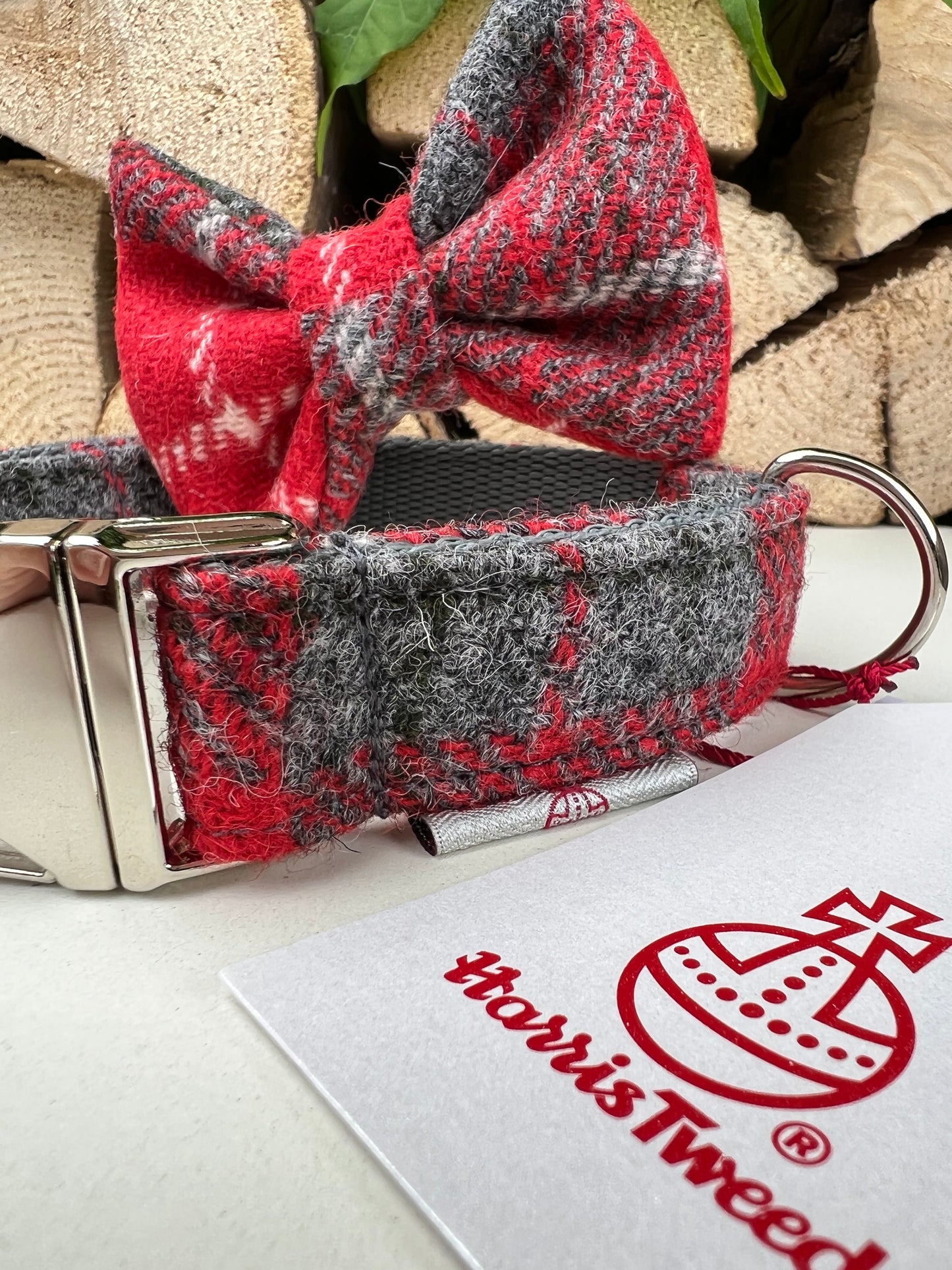 Harris Tweed® Red Grey Check Silver Tweed Dog Collar Bow & Lead Set Hunter & Co.