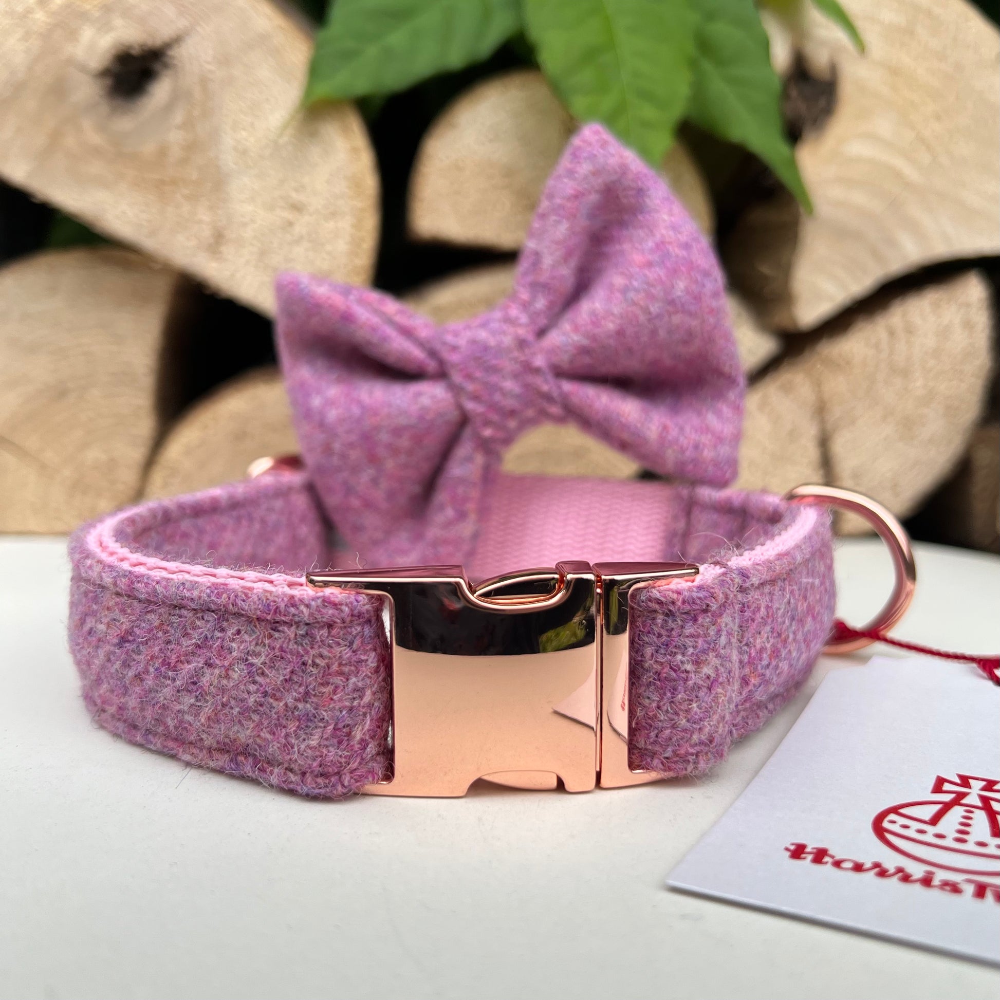 Harris Tweed® Rose Blush Pink Tweed Dog Collar Bow & Lead Set Hunter & Co.