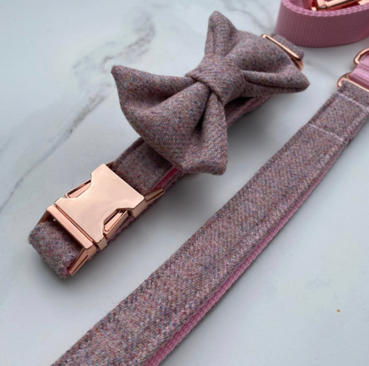 Blush Pink Tweed Dog Collar Bow & Lead Set Hunter & Co.
