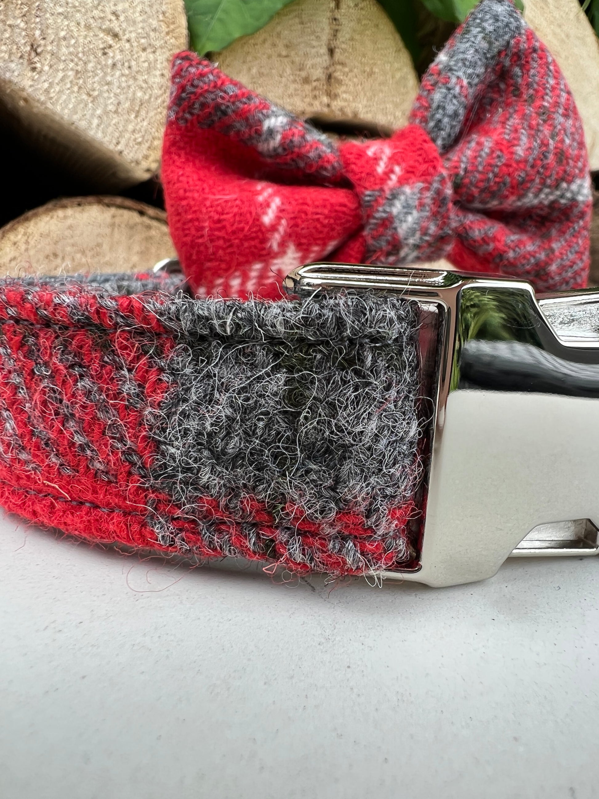Harris Tweed® Red Grey Check Silver Tweed Dog Collar Bow & Lead Set Hunter & Co.