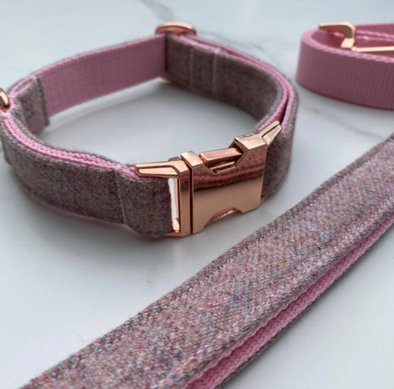 Blush Pink Tweed Dog Collar Bow & Lead Set Hunter & Co.