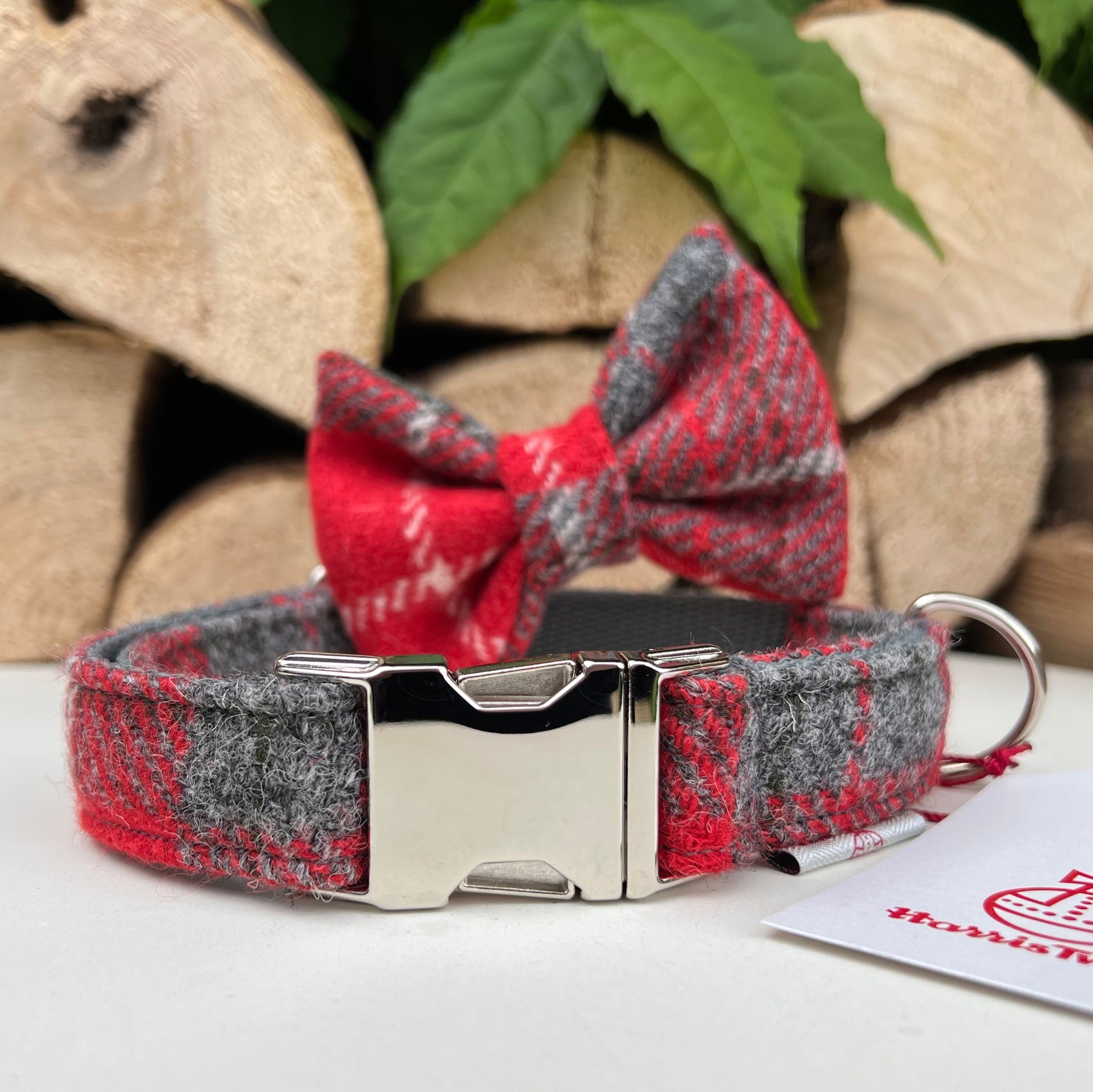 Harris Tweed® Red Grey Check Silver Tweed Dog Collar Bow & Lead Set Hunter & Co.
