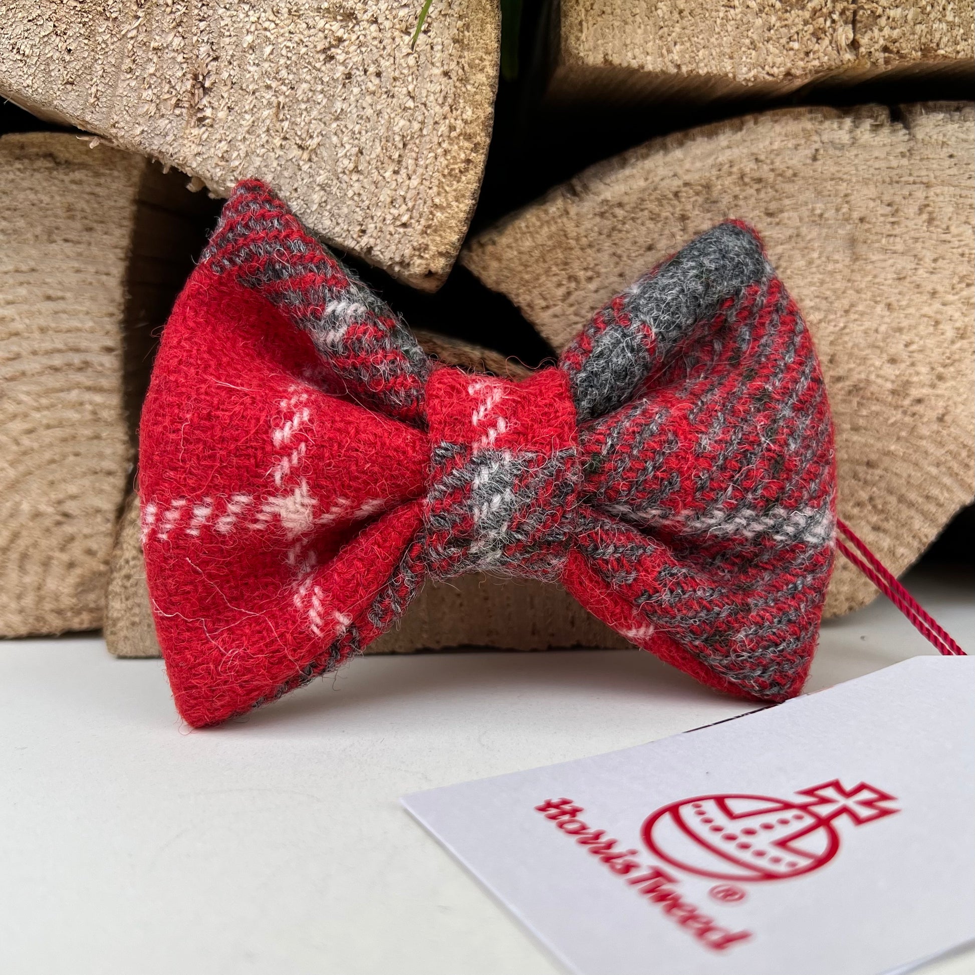 Harris Tweed® Red Grey Check Silver Tweed Dog Collar Bow & Lead Set Hunter & Co.