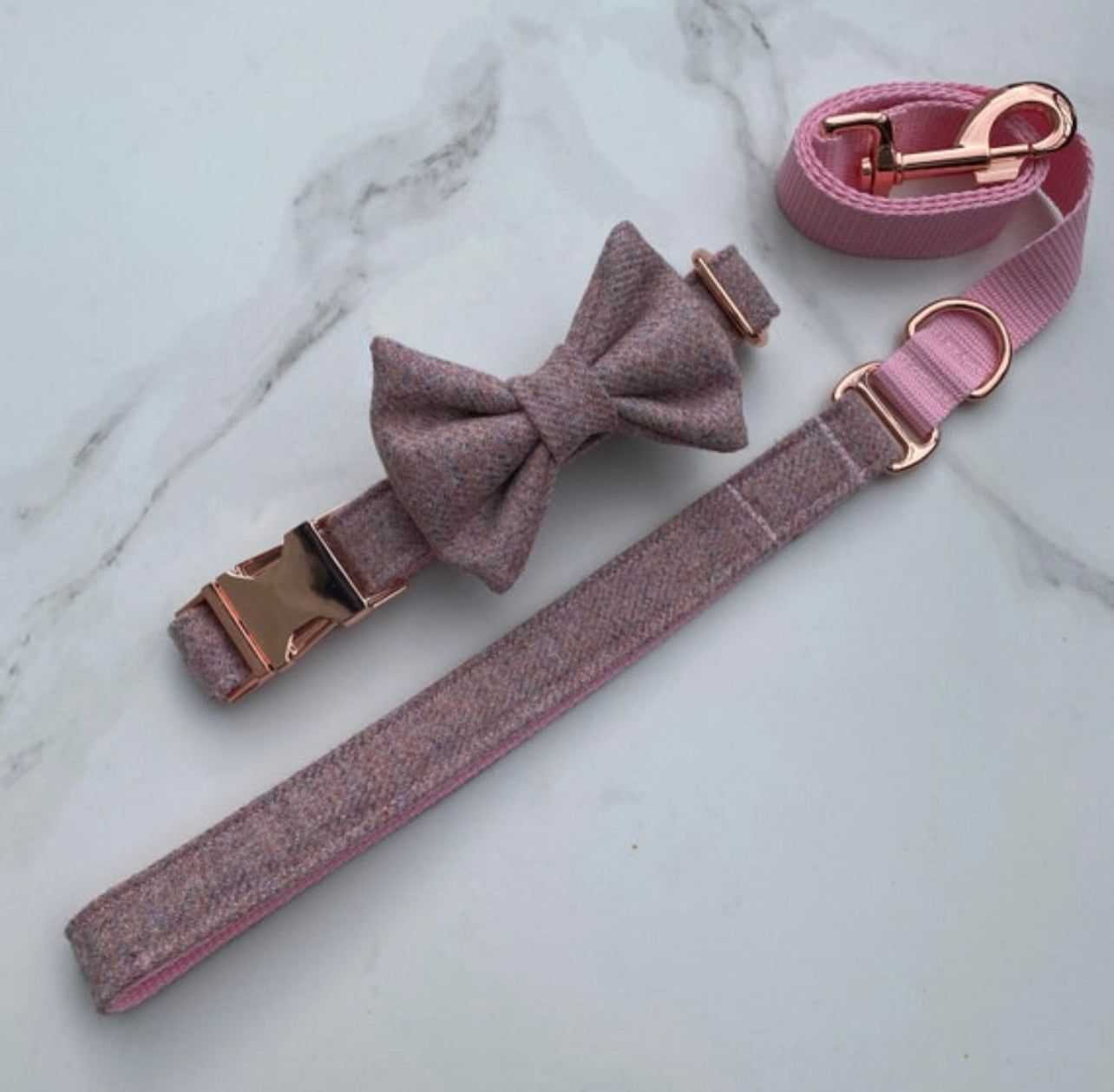 Blush Pink Tweed Dog Collar Bow & Lead Set Hunter & Co.
